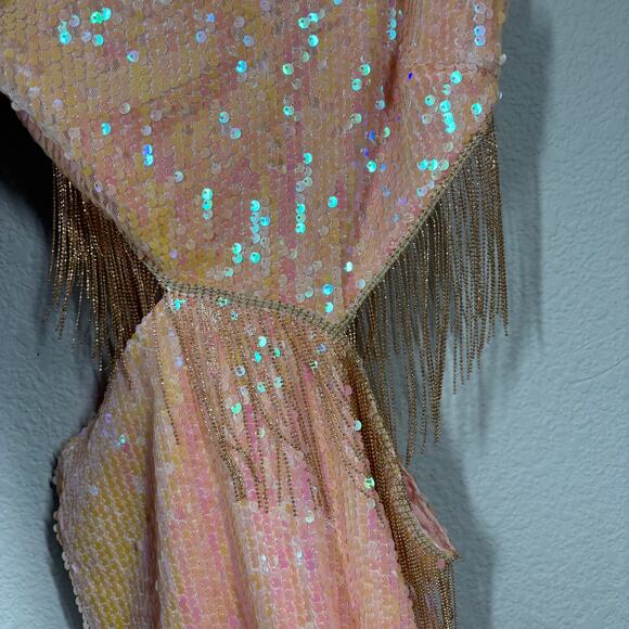 Hello Molly 4 Crystal Ball Sequin Mini Sheath Dress Peach Cut Out One Shoulder - Picture 6 of 11